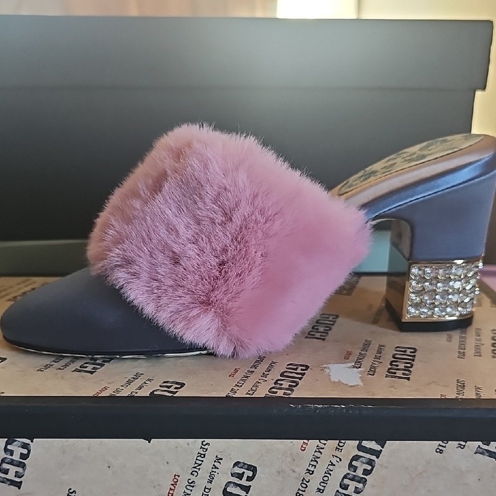 Gucci Pink Fur and Black Mules with Gold Heel
